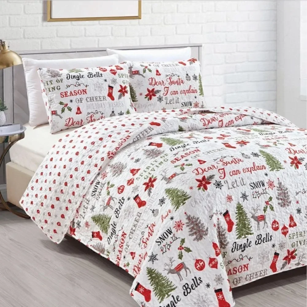 Farmhouse Christmas Carol Printed Quilted Bed Set Holiday Cheer Tis the Season